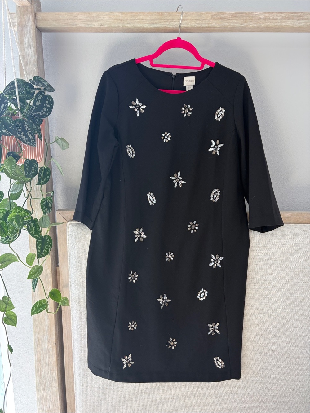 Chico's Black Shift Dress with Silver Floral Embellishments